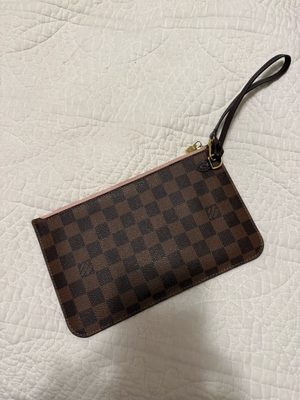 Louis Vuitton Brown Damier Ebene Canvas Wristlet with Gold Hardware